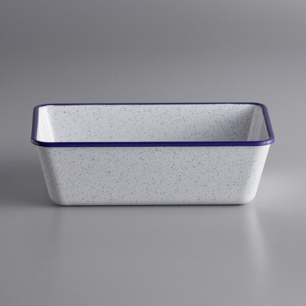 A white and blue speckled rectangular American Metalcraft serving bowl.