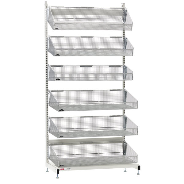 A metal Metro qwikSIGHT stationary rack with six wire mesh baskets on shelves.