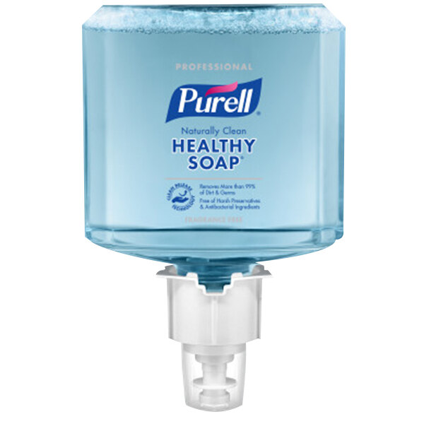 A clear bottle of Purell® Healthy Soap® with a blue and white label.