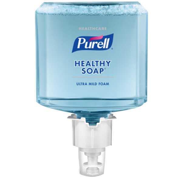 A bottle of Purell Healthy Soap with a white and blue label.