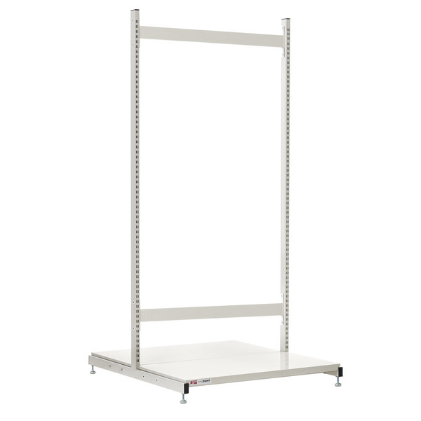 A white rectangular Metro qwikSIGHT basket supply shelf with a white frame.