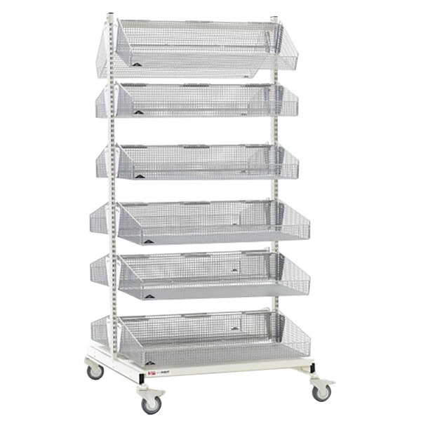 A Metro qwikSIGHT double-sided metal rack with six baskets on wheels.
