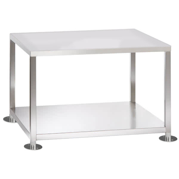 A stainless steel table with metal legs and a shelf.