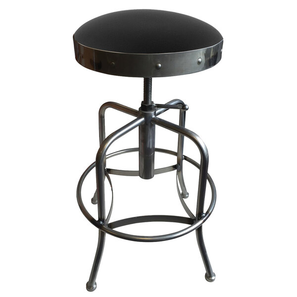 A Holland Bar Stool clear coat steel height adjustable stool with a black vinyl seat and metal legs.