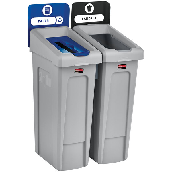 A Rubbermaid Slim Jim recycling station kit with open and paper lids, two grey trash cans with blue and green labels.