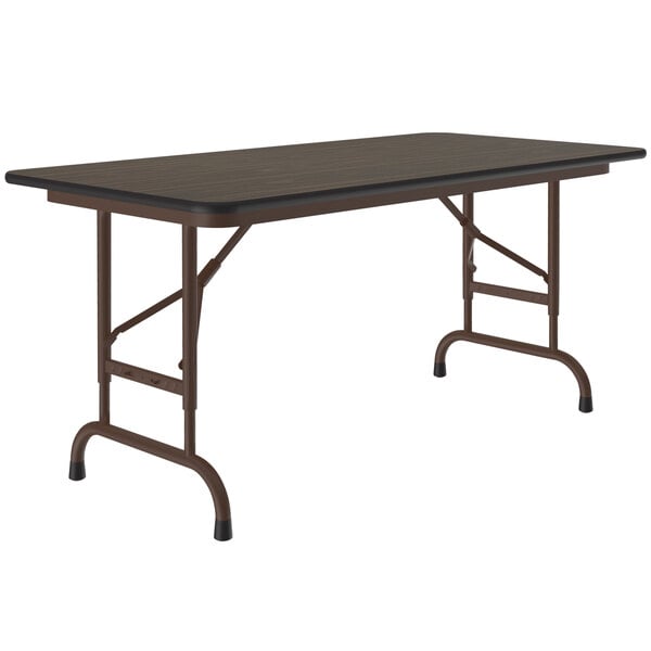 Correll Folding Table, 24" x 48" Melamine Top, Adjustable Height, Walnut