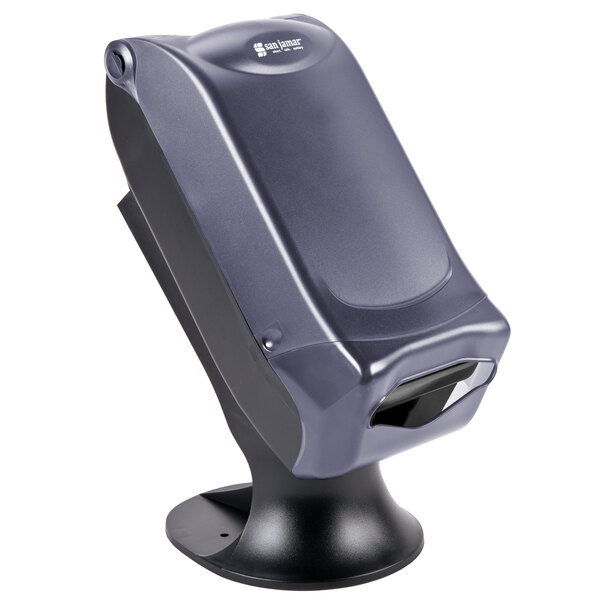 A San Jamar clear napkin dispenser with control face on a stand.