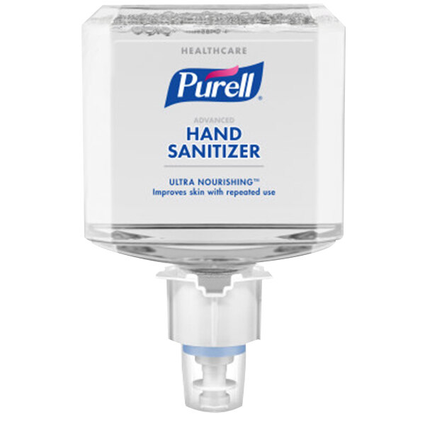 A clear Purell hand sanitizer refill container with a white and blue label.