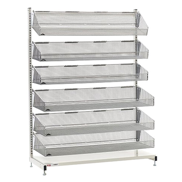 A Metro qwikSIGHT metal rack with six basket shelves.