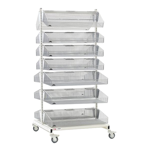 A Metro qwikSIGHT double-sided metal shelf with seven basket levels.