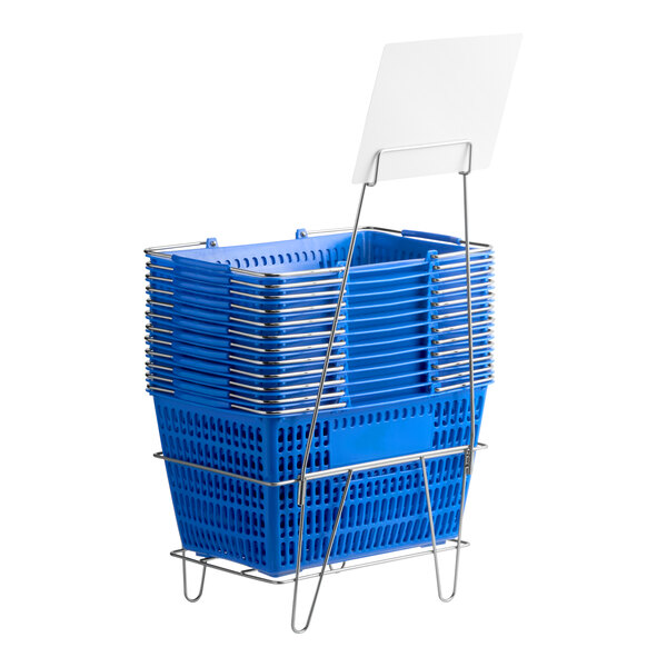 A set of blue plastic grocery market shopping baskets stacked in a metal stand with an attached sign holder.