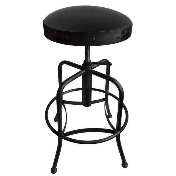 A Holland Bar Stool black steel height adjustable stool with black vinyl seat.
