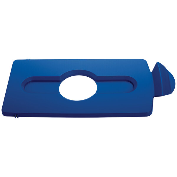 A blue rectangular Rubbermaid lid with a white circle.