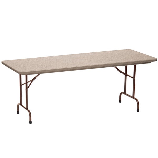 A mocha granite rectangular Correll folding table with metal legs.