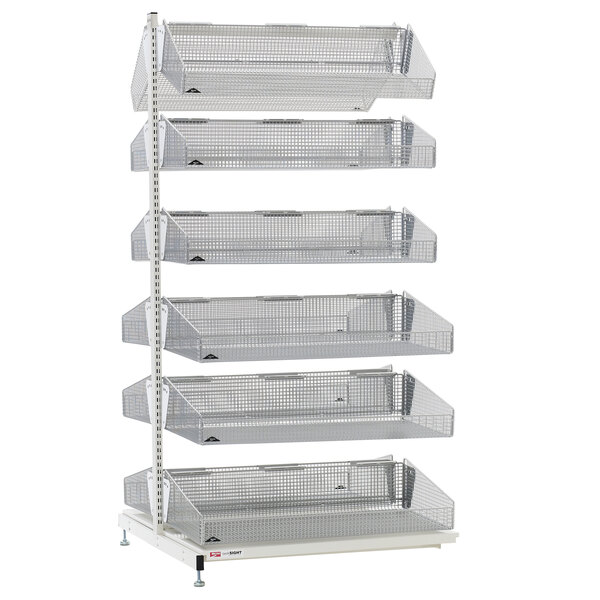 A Metro qwikSIGHT double-sided metal basket supply rack with six shelves.