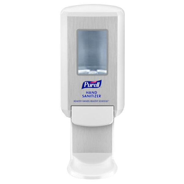 A white Purell hand sanitizer dispenser with a black logo on the front.