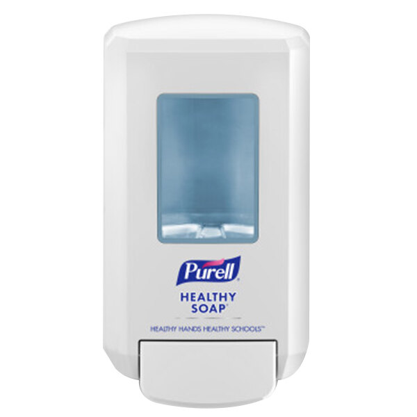 A white Purell® Healthy Soap® dispenser with a clear window.