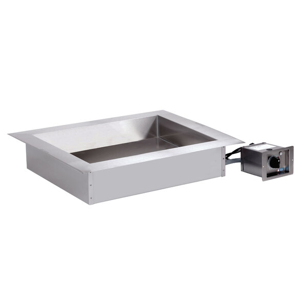 A stainless steel rectangular drop-in hot food well with a large flange.