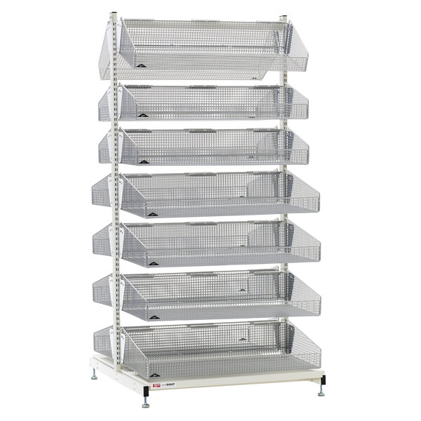 A Metro qwikSIGHT metal shelf unit with seven basket shelves.