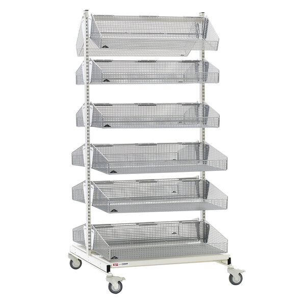 A white metal Metro qwikSIGHT mobile rack with six metal grid shelves.