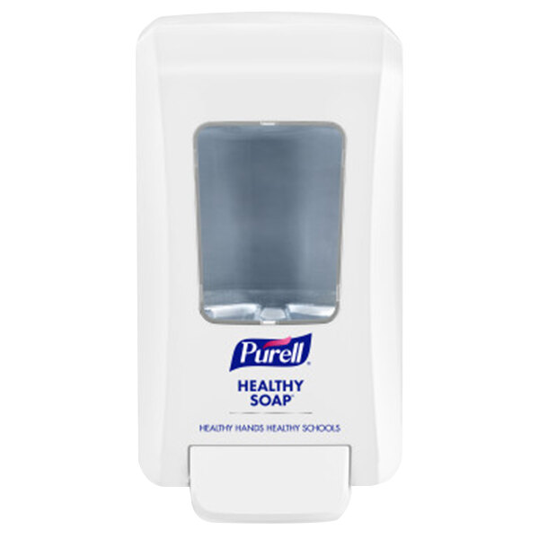 A white Purell Healthy Soap dispenser with a clear window.