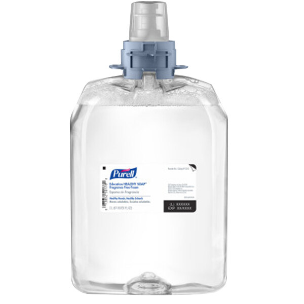 A clear plastic bottle of Purell Healthy Soap on a white background.