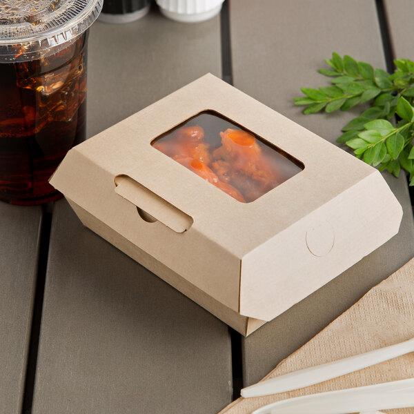 Bagcraft NFNF542RQVMWF EcoFlute 5" x 4" x 2" Corrugated Clamshell TakeOut Box with Window