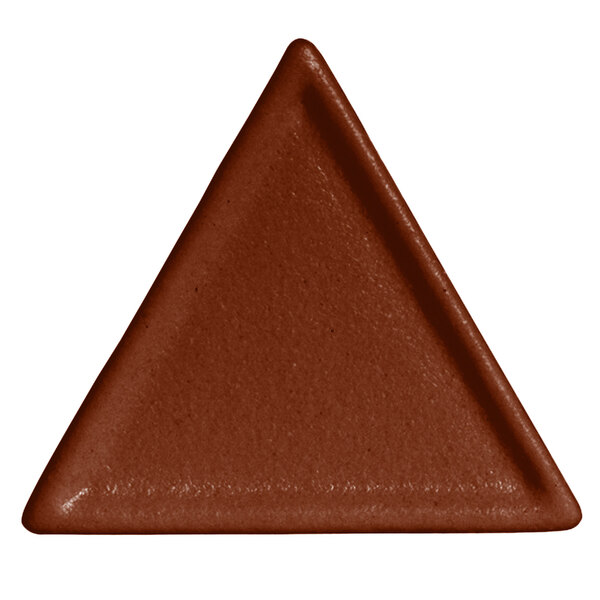 A brown triangle shaped G.E.T. Enterprises buffet platter with a smooth finish.