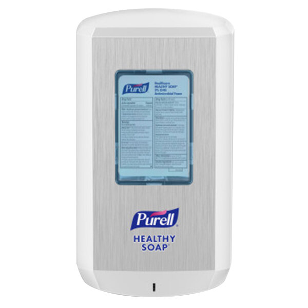 A white Purell Healthy Soap dispenser with a blue label.