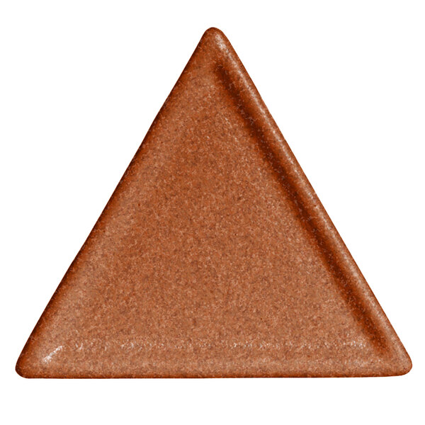 A brown triangle G.E.T. Enterprises Bugambilia terracotta-coated aluminum platter.