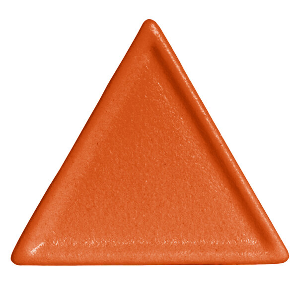 A white triangle-shaped G.E.T. Enterprises tangerine resin-coated aluminum platter with a smooth finish.