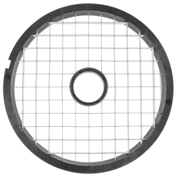A circular black and silver Berkel dicer plate with a hole in the center.