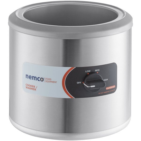A Nemco stainless steel countertop cooker/warmer with a black knob.
