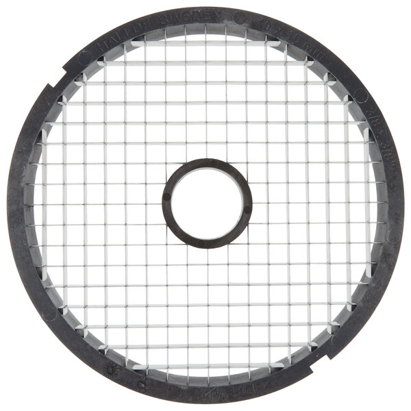 A black circular metal dicing grid with wire mesh.