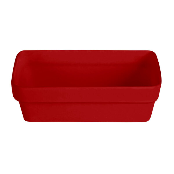 A red rectangular G.E.T. Enterprises Bugambilia bowl with a smooth finish.