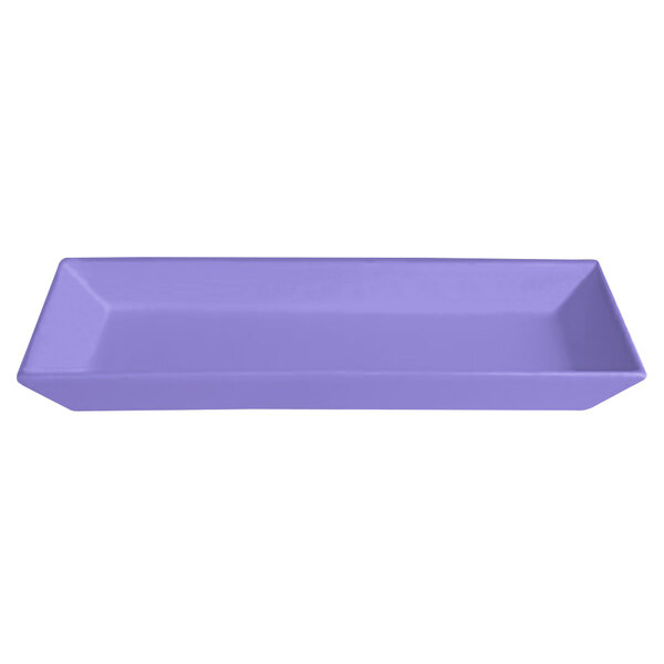 A lavender rectangular platter with a textured surface.