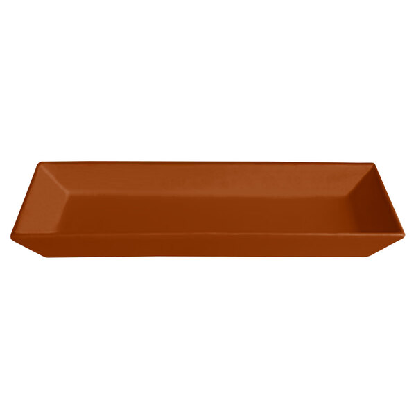 A brown rectangular G.E.T. Enterprises Bugambilia tray with a textured surface.