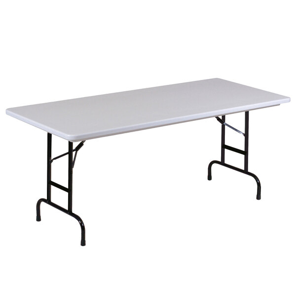 A gray rectangular table with black legs.