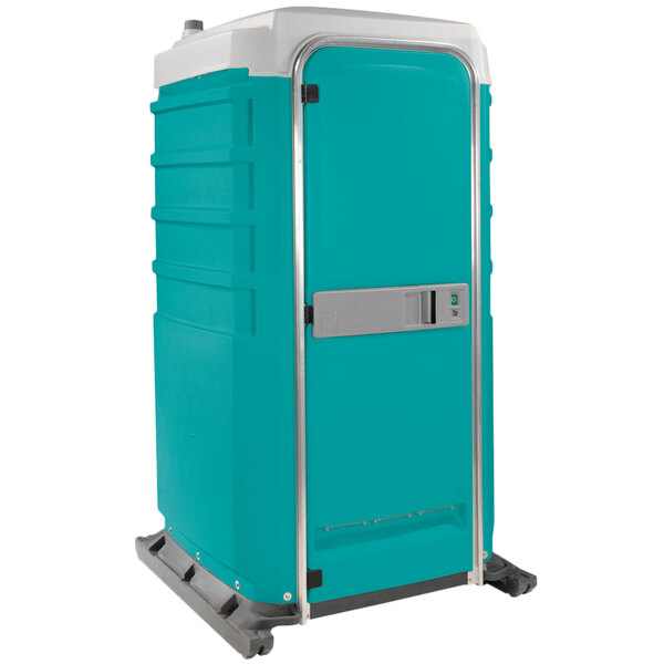 A blue and white PolyJohn portable toilet with a silver handle.