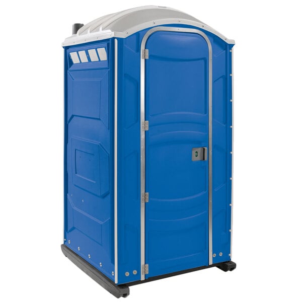 A PolyJohn blue portable toilet with a translucent top and silver door.