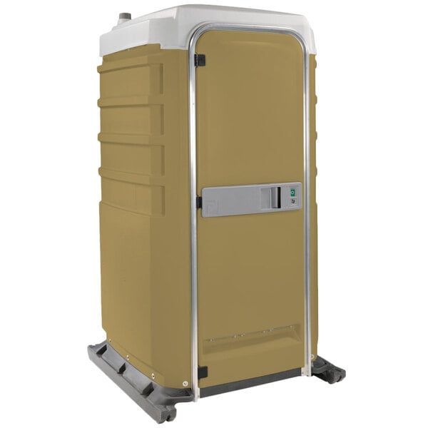 A tan PolyJohn portable restroom with white lid.