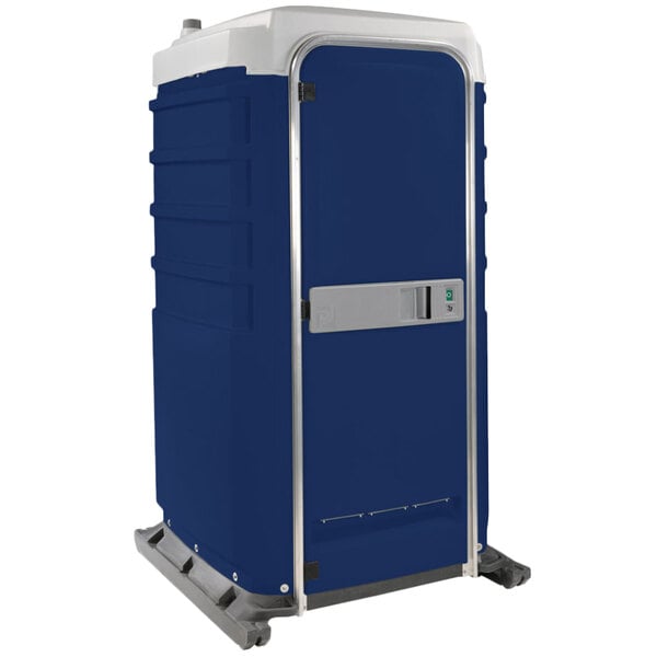 A dark blue PolyJohn portable restroom with a silver handle.