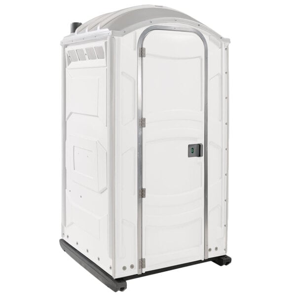 A white PolyJohn portable toilet with a door.