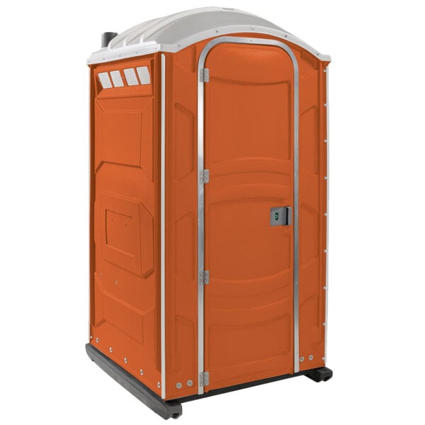 An orange PolyJohn portable toilet.