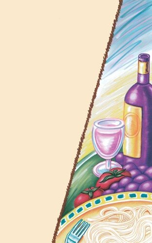 The cover of a menu with a pasta and wine design featuring a plate of spaghetti, vegetables, and a glass of wine.