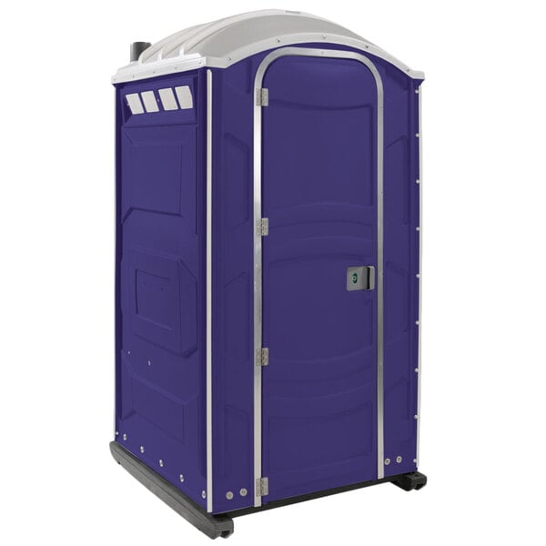 A purple PolyJohn portable toilet with silver trim.