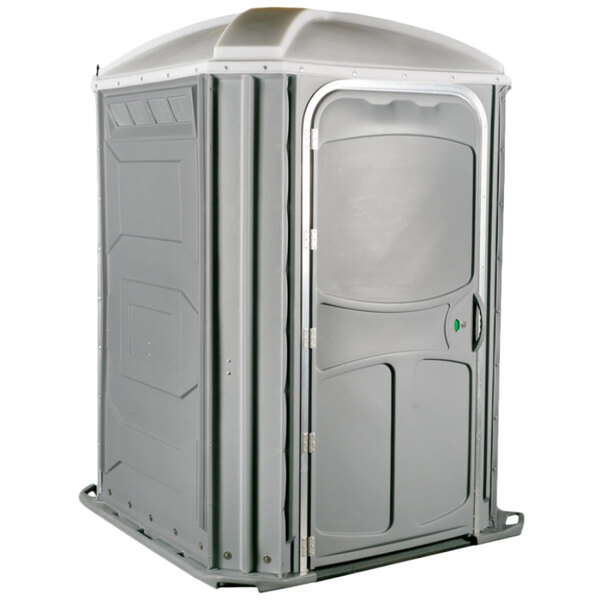 A grey PolyJohn wheelchair accessible portable toilet with the door open.
