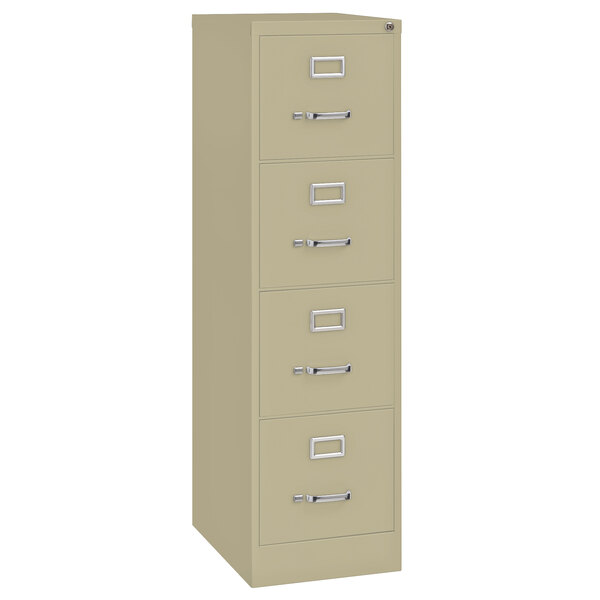 A close-up of a putty Hirsh Industries four-drawer file cabinet.
