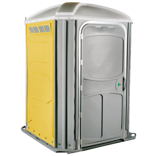 A PolyJohn wheelchair accessible portable toilet with a yellow door.