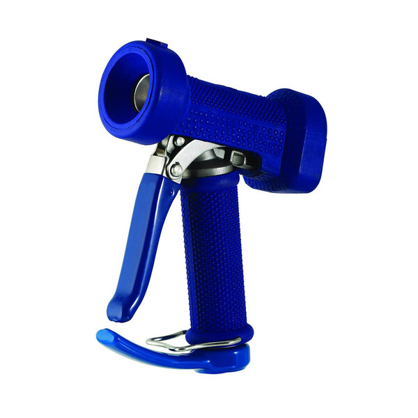 A stainless steel T&S front trigger water gun with a blue handle.